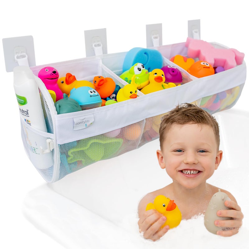 Comfylife Large Bath Toy Organizer - 3 Compartment Bath Toy Holder for Bathtub & Shower - Quick-Dry Mesh with 4 Strong Adhesive Hooks - Kids Toys Storage Net for Bathroom  shower & Tub - Image 1